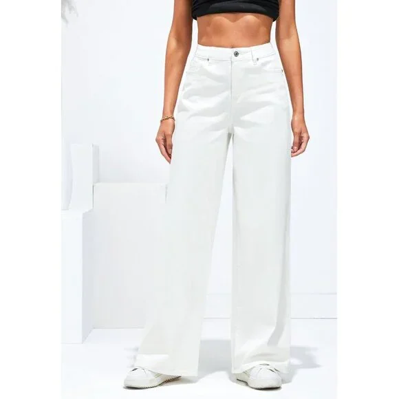 Women’s Wide Leg High Waisted Stretch Denim Jeans Pockets Casual Pants - Picture 2 of 6